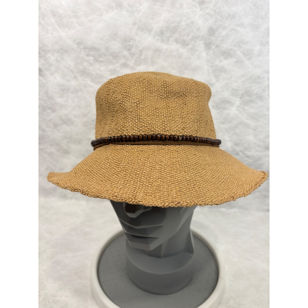 Sun N Sand Tan Woven Straw Bucket Hat UPF 50+ Wood Bead Band Adjustable
